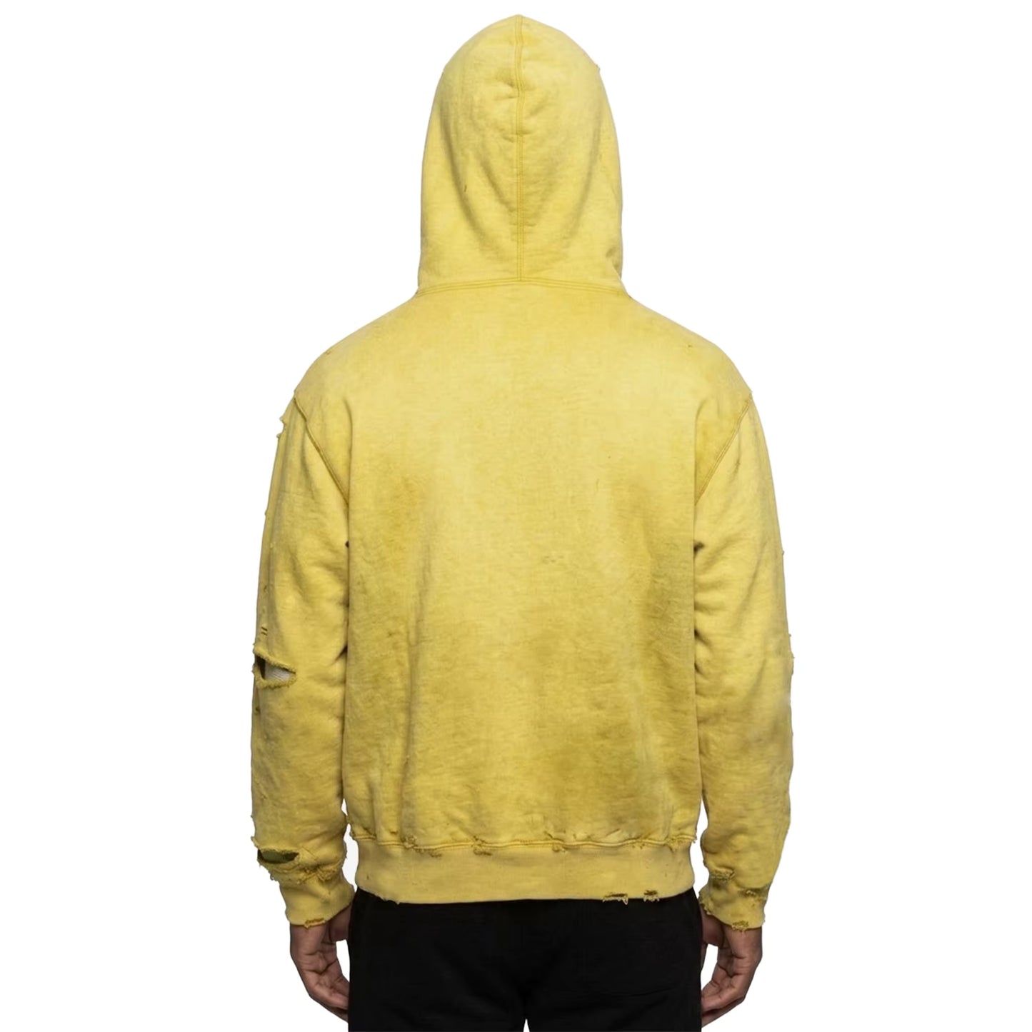 Yellow Zip-Up Hoodie with Distressed Details and Patch Repairs