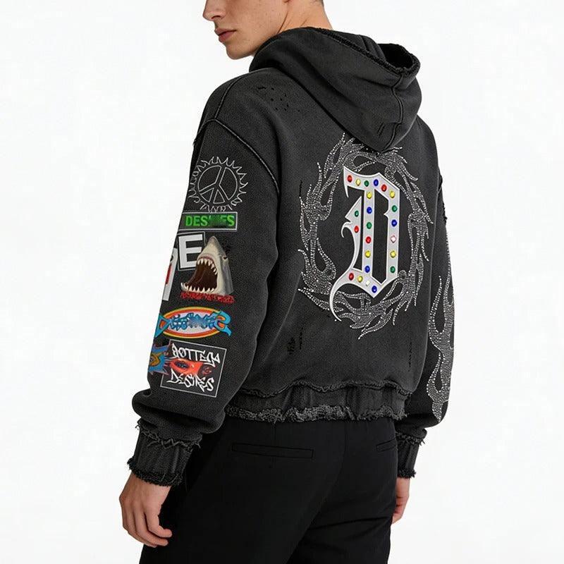 Black Distressed Zip-Up Hoodie with Graphic Patch Details