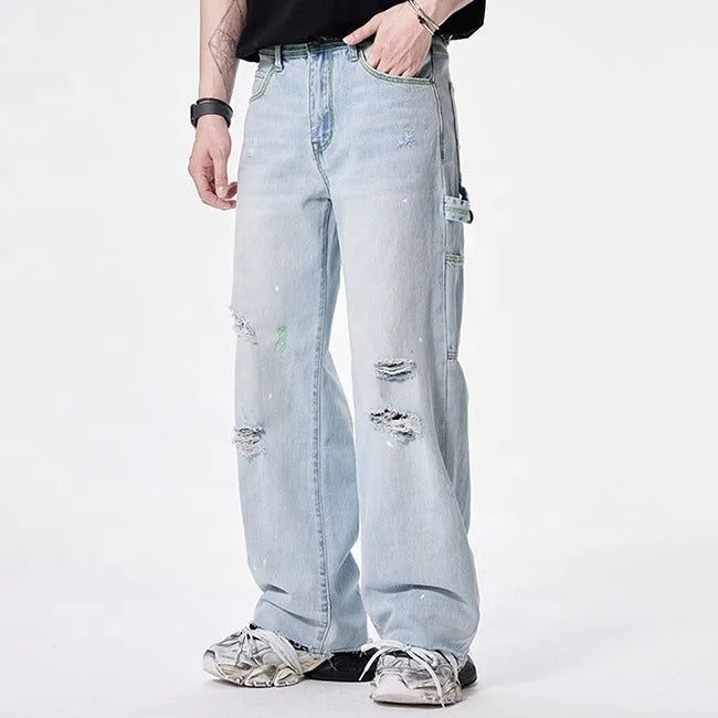 Light Wash Distressed Wide-Leg Cargo Jeans