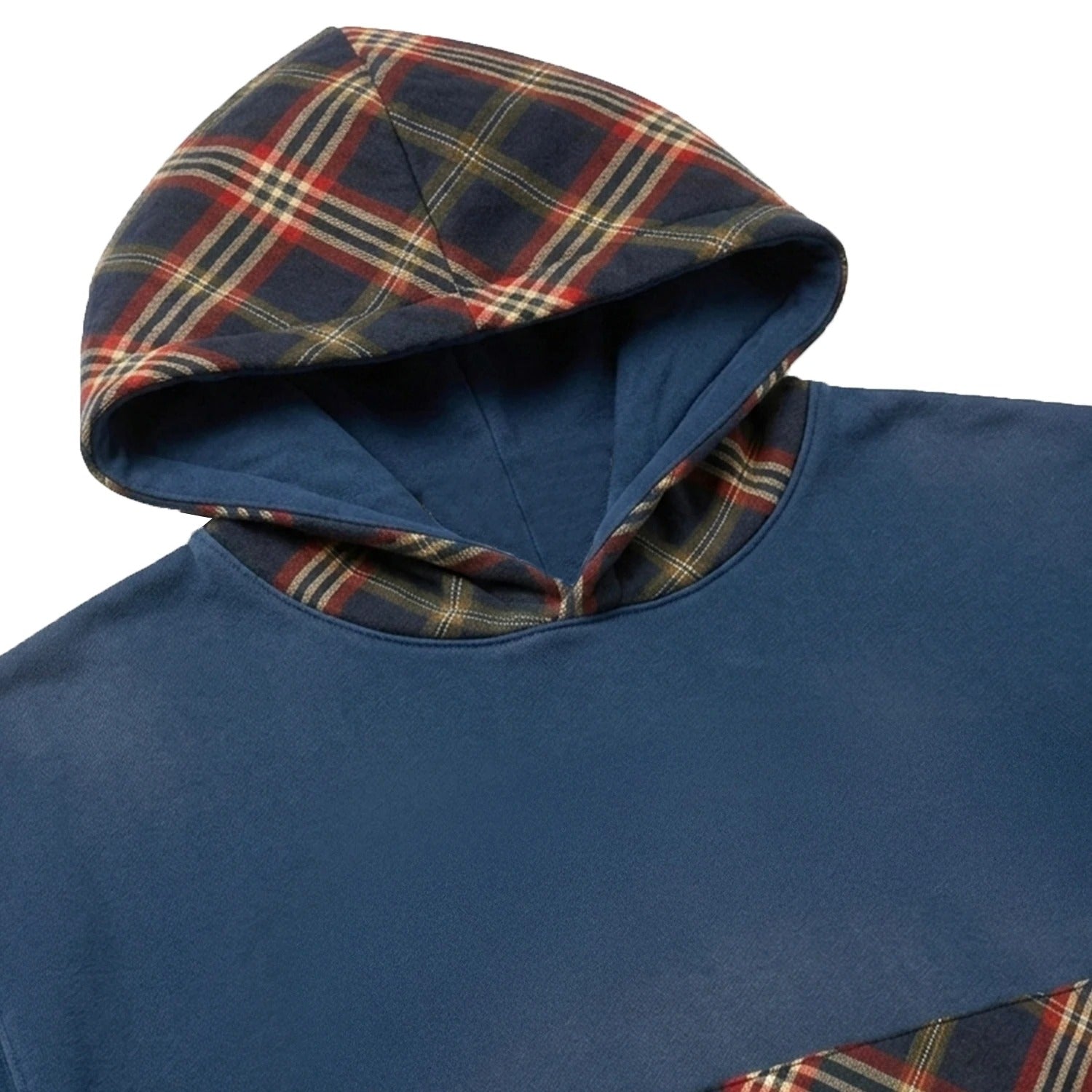 Blue Hooded Sweatshirt with Contrast Check Hood and Pocket