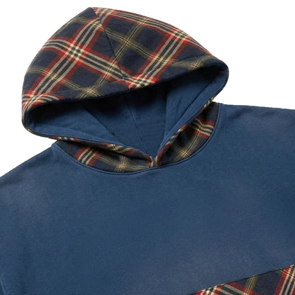 Blue Hooded Sweatshirt with Contrast Check Hood and Pocket