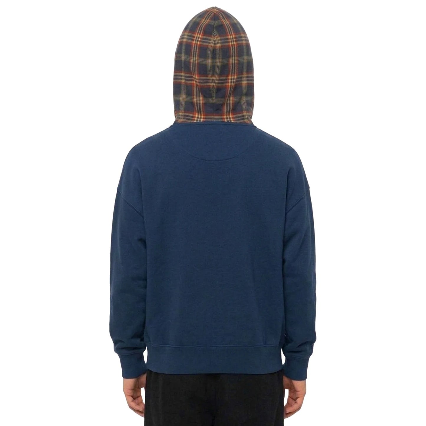 Blue Hooded Sweatshirt with Contrast Check Hood and Pocket