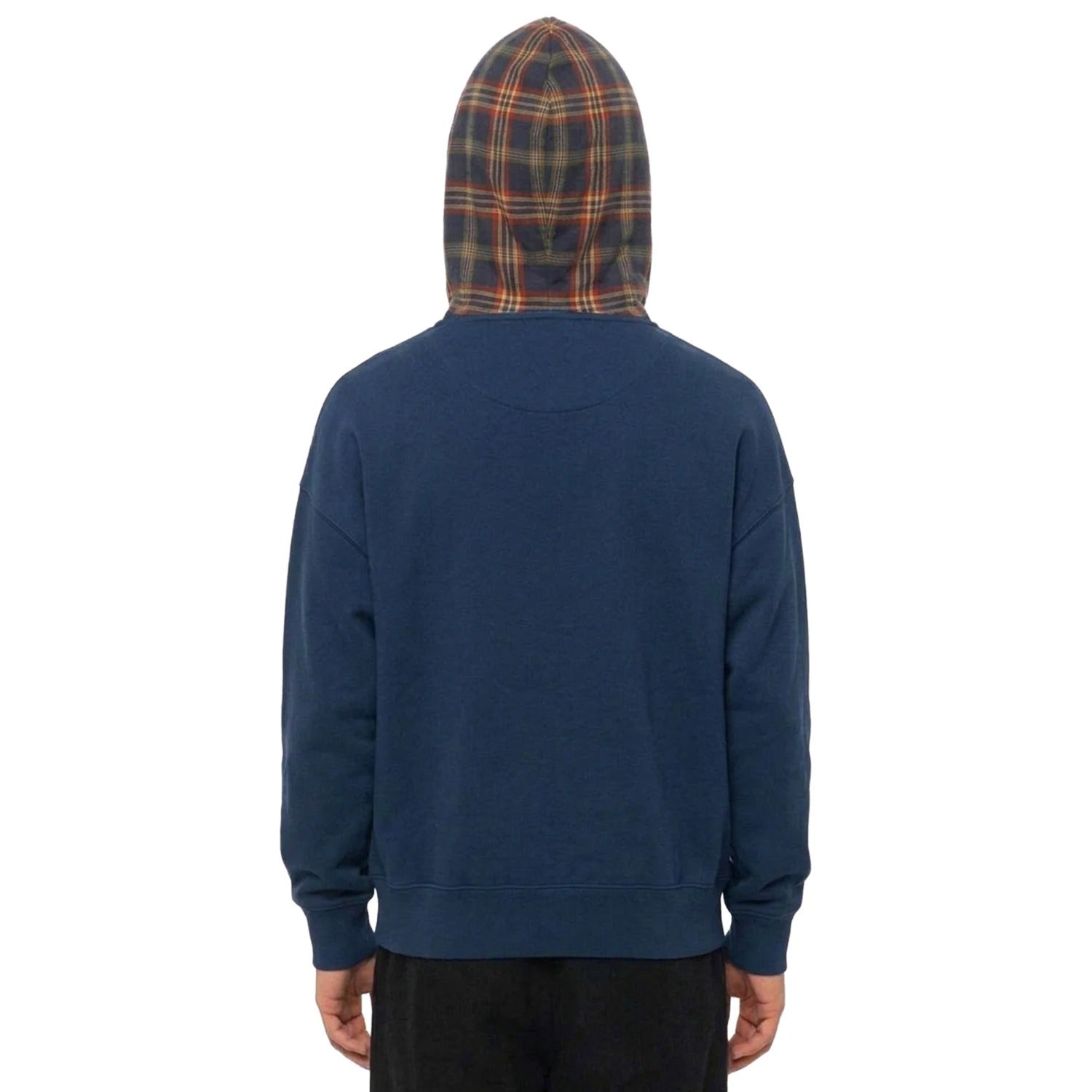 Blue Hooded Sweatshirt with Contrast Check Hood and Pocket
