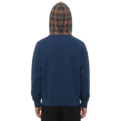Blue Hooded Sweatshirt with Contrast Check Hood and Pocket