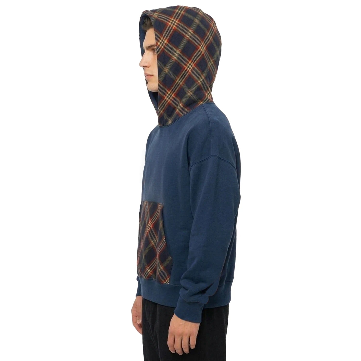 Blue Hooded Sweatshirt with Contrast Check Hood and Pocket