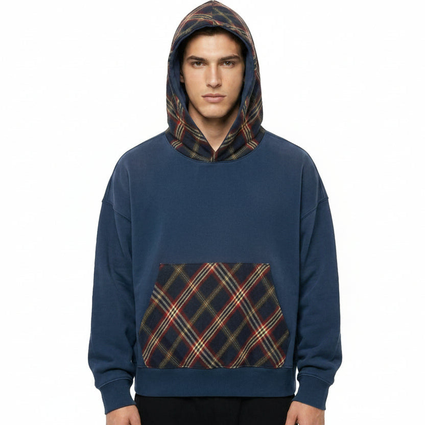 Blue Hooded Sweatshirt with Contrast Check Hood and Pocket
