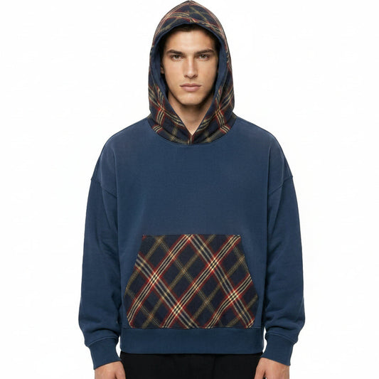 Blue Hooded Sweatshirt with Contrast Check Hood and Pocket
