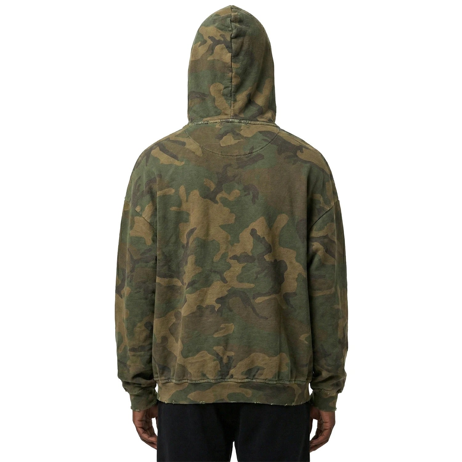 Camouflage Zip-Up Hoodie with Distressed Edges