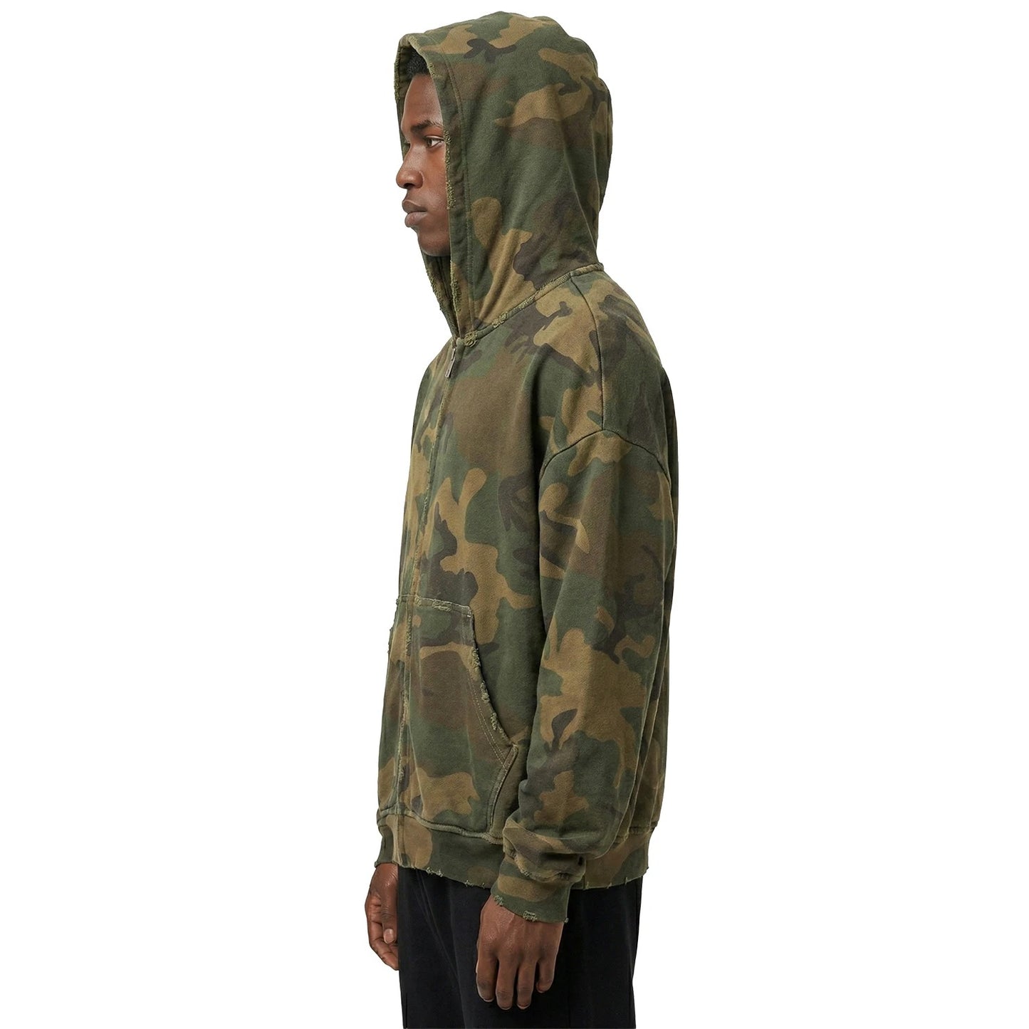Camouflage Zip-Up Hoodie with Distressed Edges