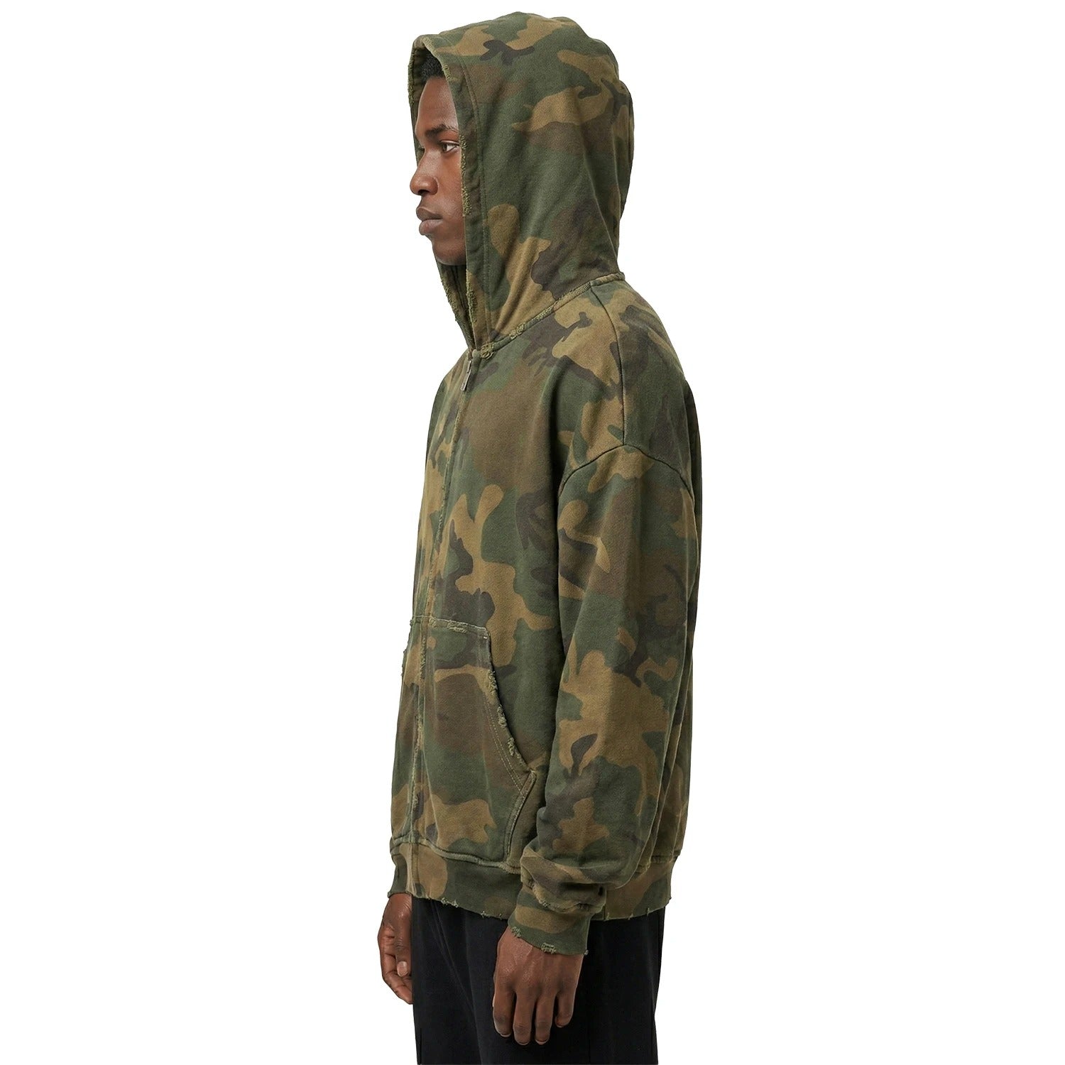 Camouflage Zip-Up Hoodie with Distressed Edges