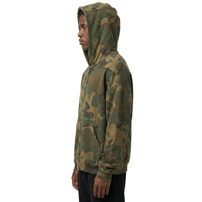 Camouflage Zip-Up Hoodie with Distressed Edges