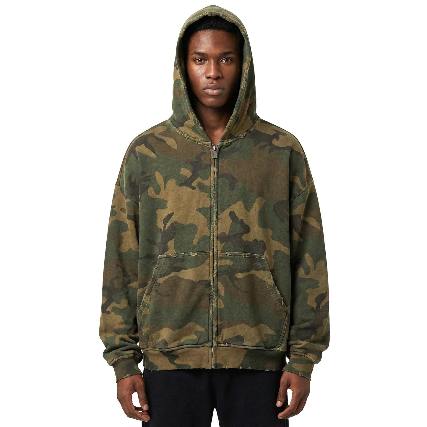 Camouflage Zip-Up Hoodie with Distressed Edges