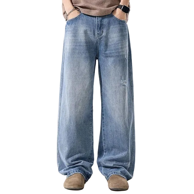 Light Wash Wide Leg Jeans with Distressed Details