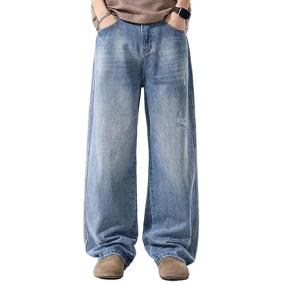 Light Wash Wide Leg Jeans with Distressed Details