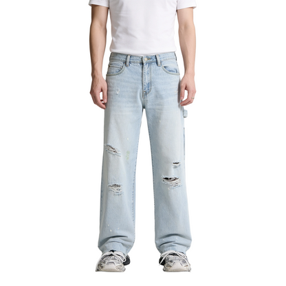 Light Wash Distressed Wide-Leg Cargo Jeans