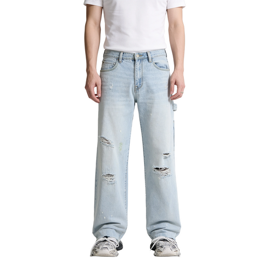 Light Wash Distressed Wide-Leg Cargo Jeans