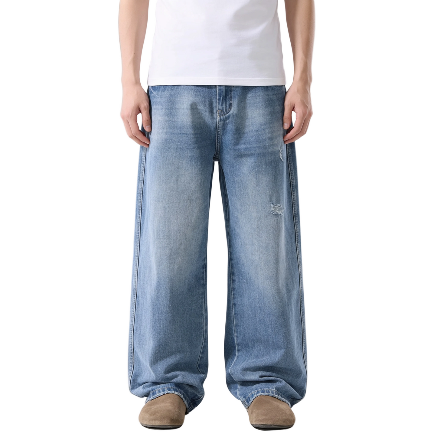 Light Wash Wide Leg Jeans with Distressed Details
