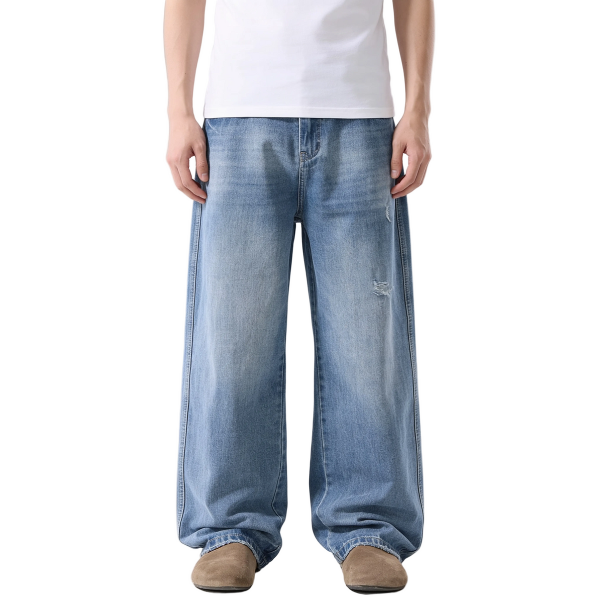 Light Wash Wide Leg Jeans with Distressed Details