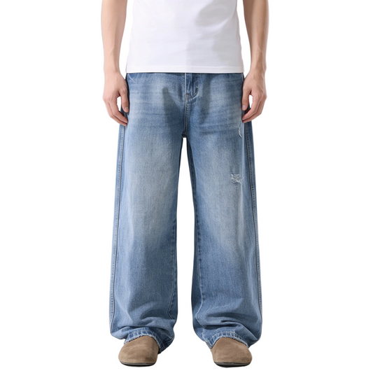 Light Wash Wide Leg Jeans with Distressed Details