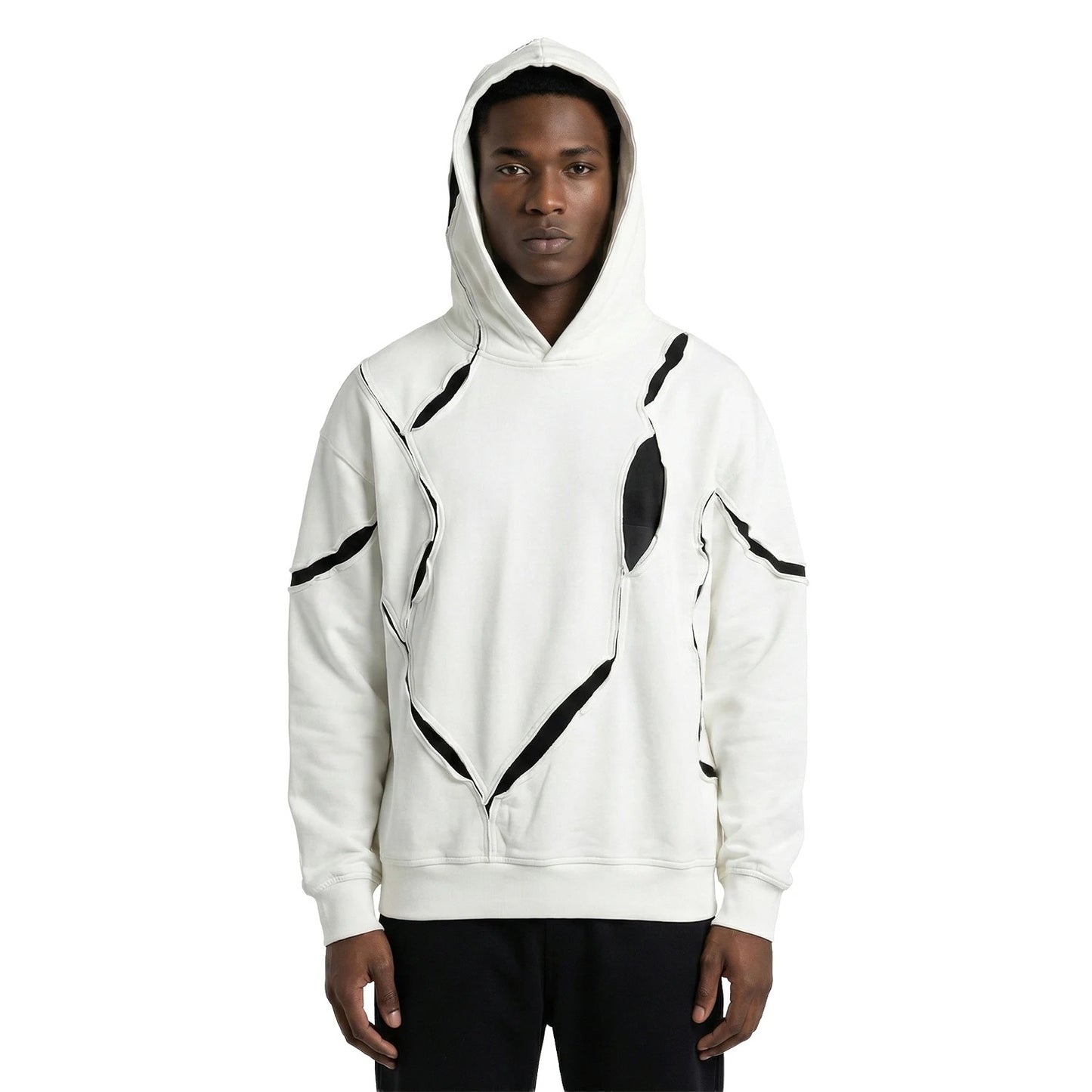Off-White Hooded Sweatshirt with Black Contrast Cut-Out Seams