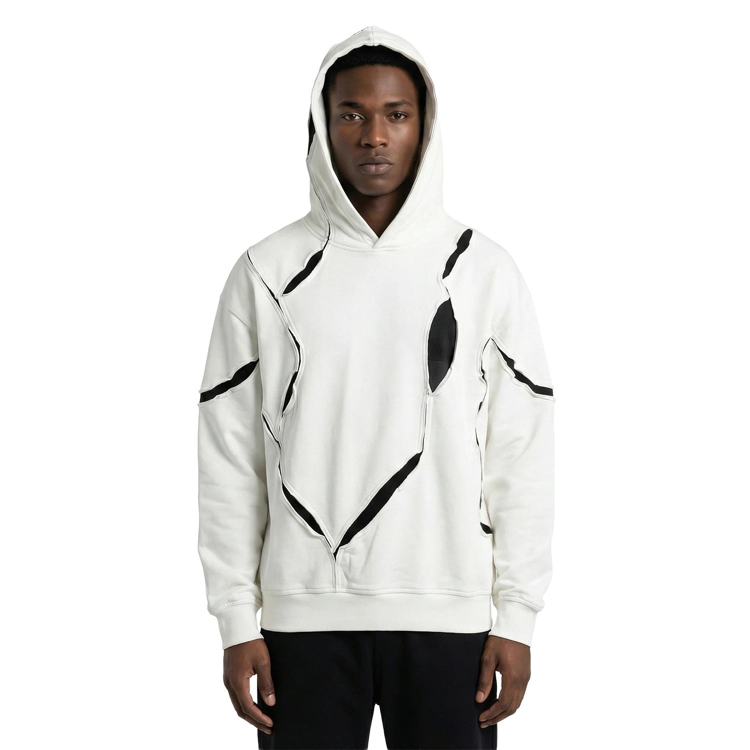 Off-White Hooded Sweatshirt with Black Contrast Cut-Out Seams