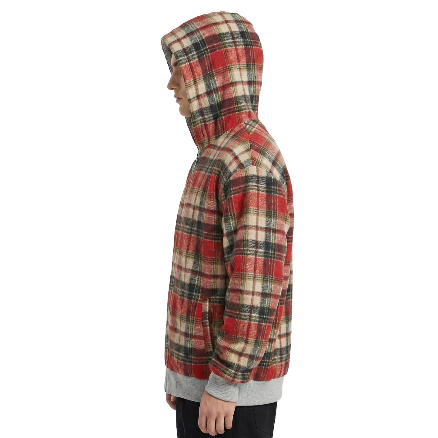 Red Check Zip-Up Hooded Jacket with Grey Contrast Trims