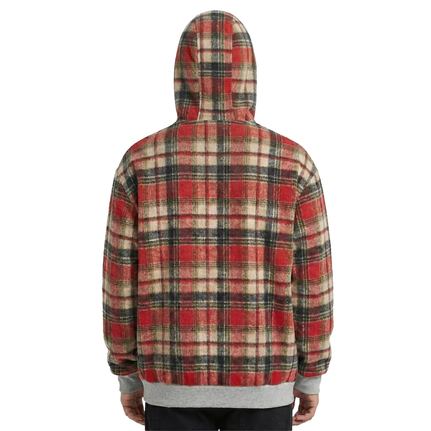 Red Check Zip-Up Hooded Jacket with Grey Contrast Trims