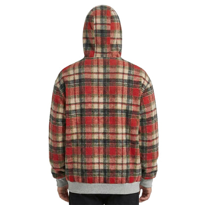 Red Check Zip-Up Hooded Jacket with Grey Contrast Trims