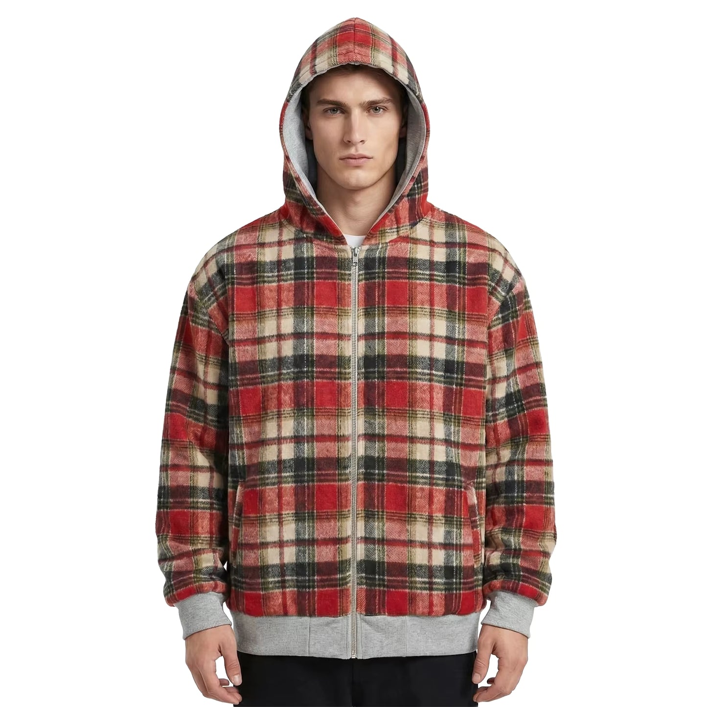 Red Check Zip-Up Hooded Jacket with Grey Contrast Trims