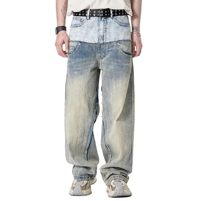 Two-Tone Washed Wide-Leg Jeans