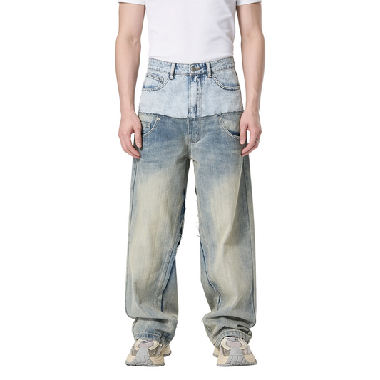 Two-Tone Washed Wide-Leg Jeans