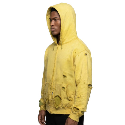 Yellow Zip-Up Hoodie with Distressed Details and Patch Repairs