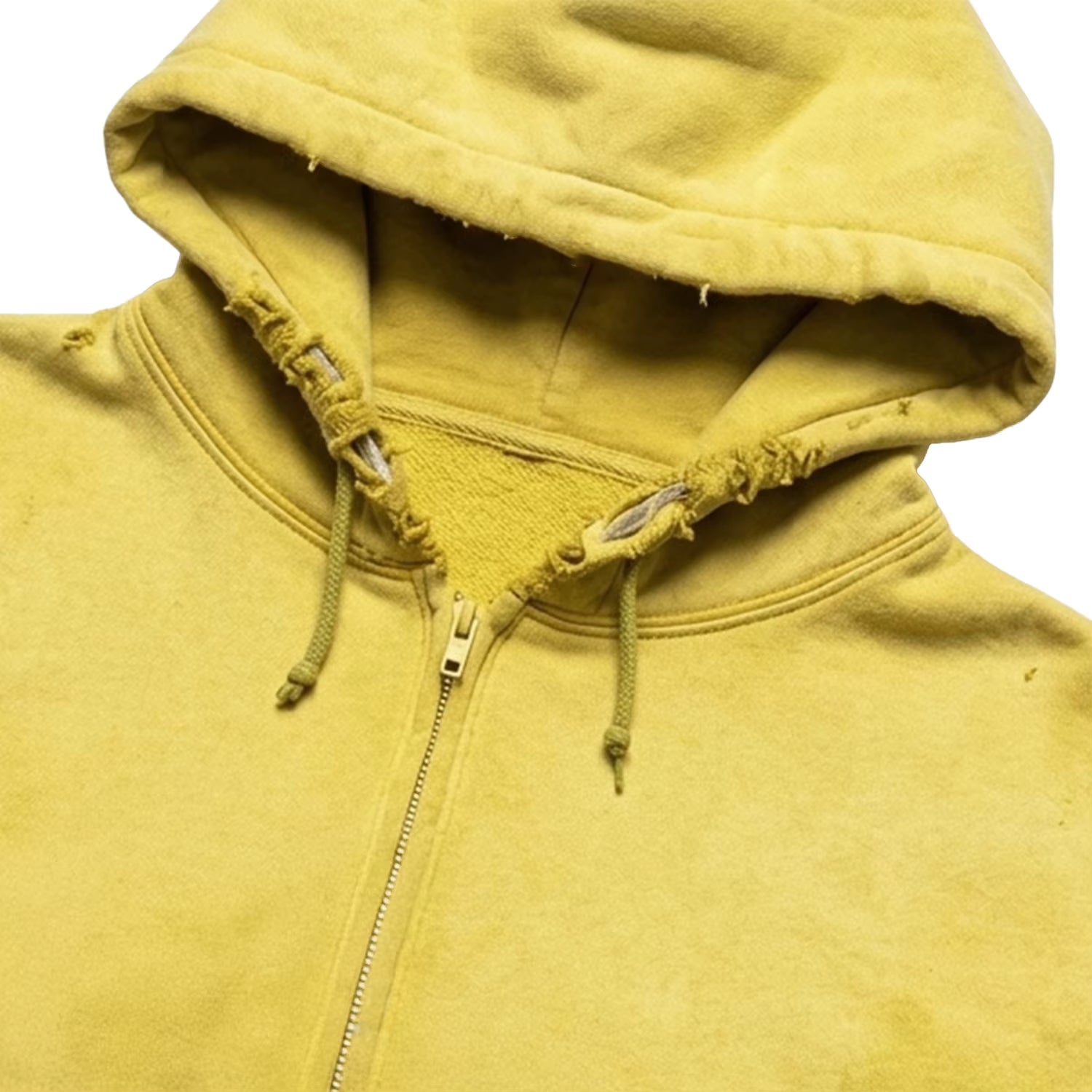 Yellow Zip-Up Hoodie with Distressed Details and Patch Repairs