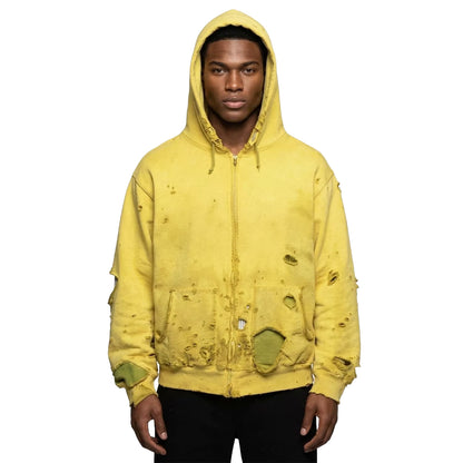 Yellow Zip-Up Hoodie with Distressed Details and Patch Repairs