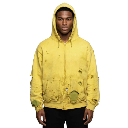 Yellow Zip-Up Hoodie with Distressed Details and Patch Repairs