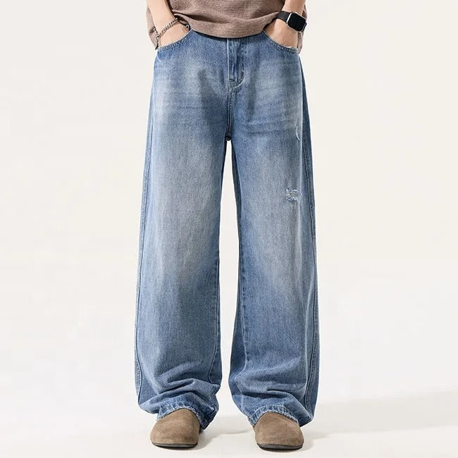 Light Wash Wide Leg Jeans with Distressed Details