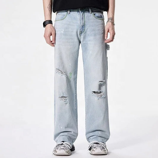 Light Wash Distressed Wide-Leg Cargo Jeans