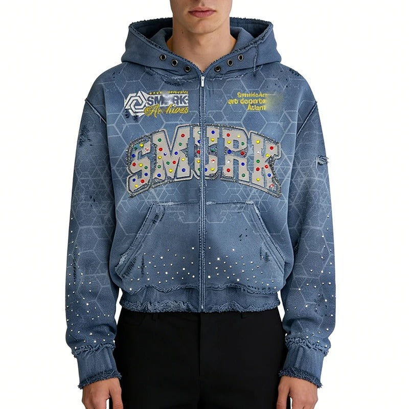 Blue Graphic Zip-Up Hoodie with Rhinestone Details