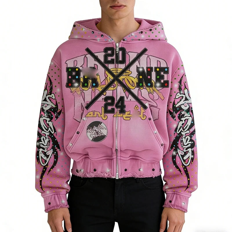 Pink Graphic Zip-Up Hoodie with Printed Sleeve Artwork