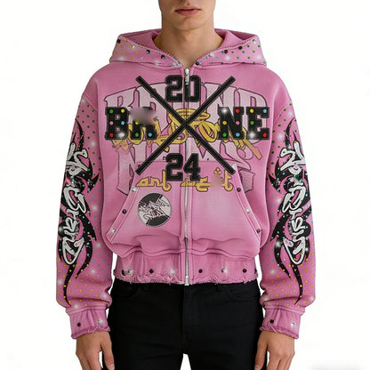 Pink Graphic Zip-Up Hoodie with Printed Sleeve Artwork