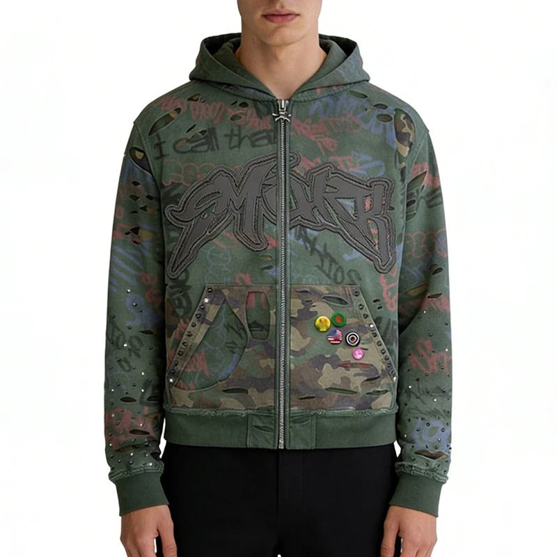 Green Distressed Zip-Up Hoodie with Graffiti Print