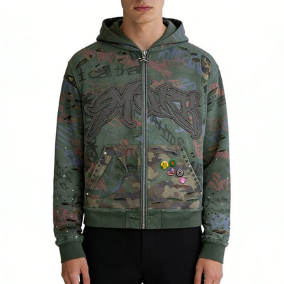 Green Distressed Zip-Up Hoodie with Graffiti Print