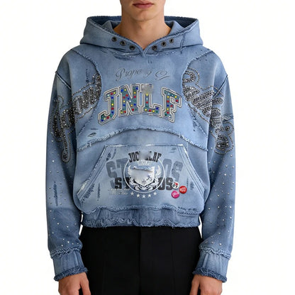 Light Blue Distressed Hoodie with Rhinestone Graphics