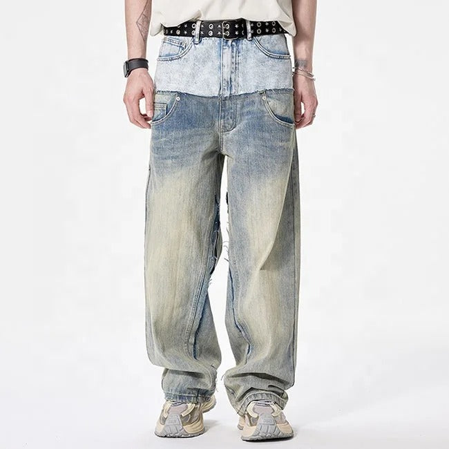 Two-Tone Washed Wide-Leg Jeans