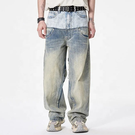 Two-Tone Washed Wide-Leg Jeans