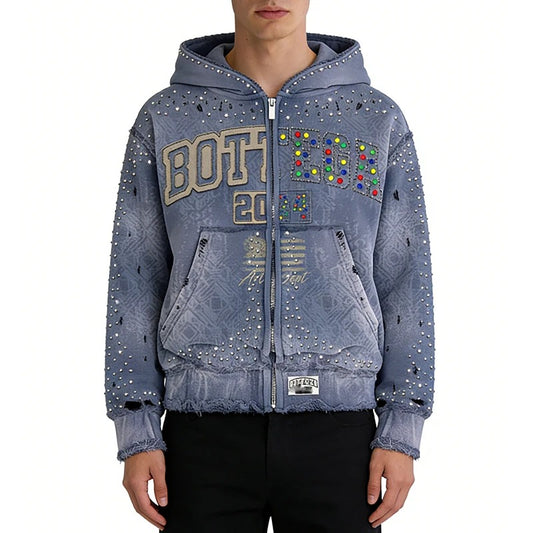 Blue Distressed Zip-Up Hoodie with Rhinestone Lettering