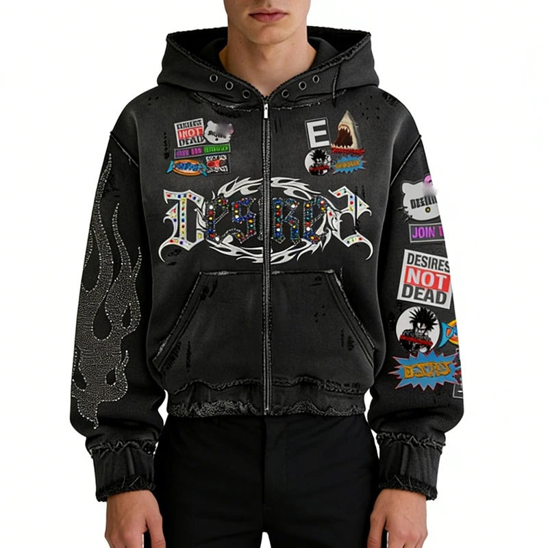 Black Distressed Zip-Up Hoodie with Graphic Patch Details