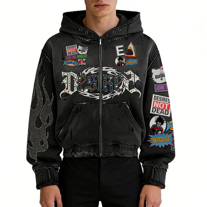 Black Distressed Zip-Up Hoodie with Graphic Patch Details