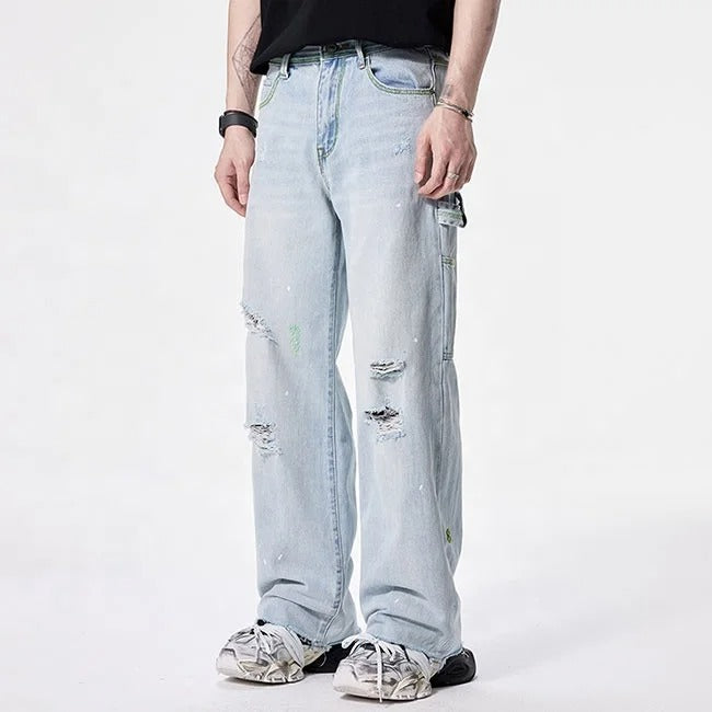 Light Wash Distressed Wide-Leg Cargo Jeans