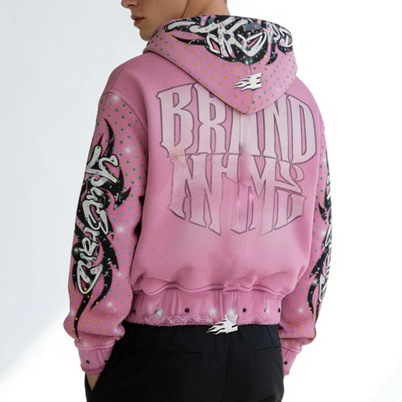 Pink Graphic Zip-Up Hoodie with Printed Sleeve Artwork